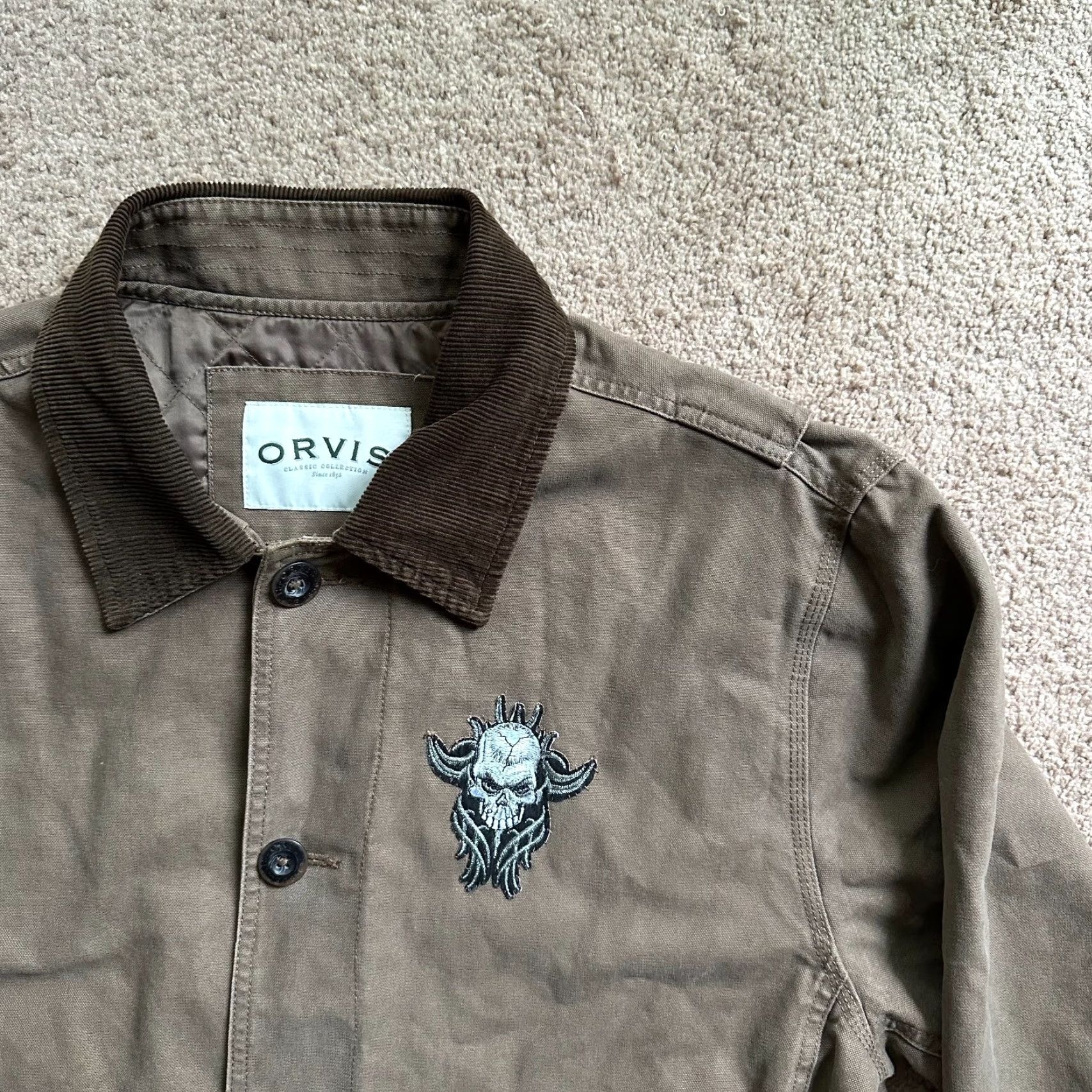 Orvis Jacket Mens L Chore Barn Coat Button Close Corduroy Collar Patch Brown