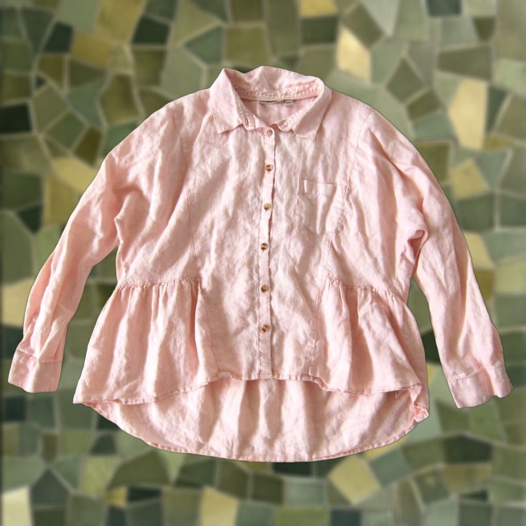 Holding Horses Mckenzie Blouse XS Shirt Women Pink 100% Linen Button Collared Ruffle