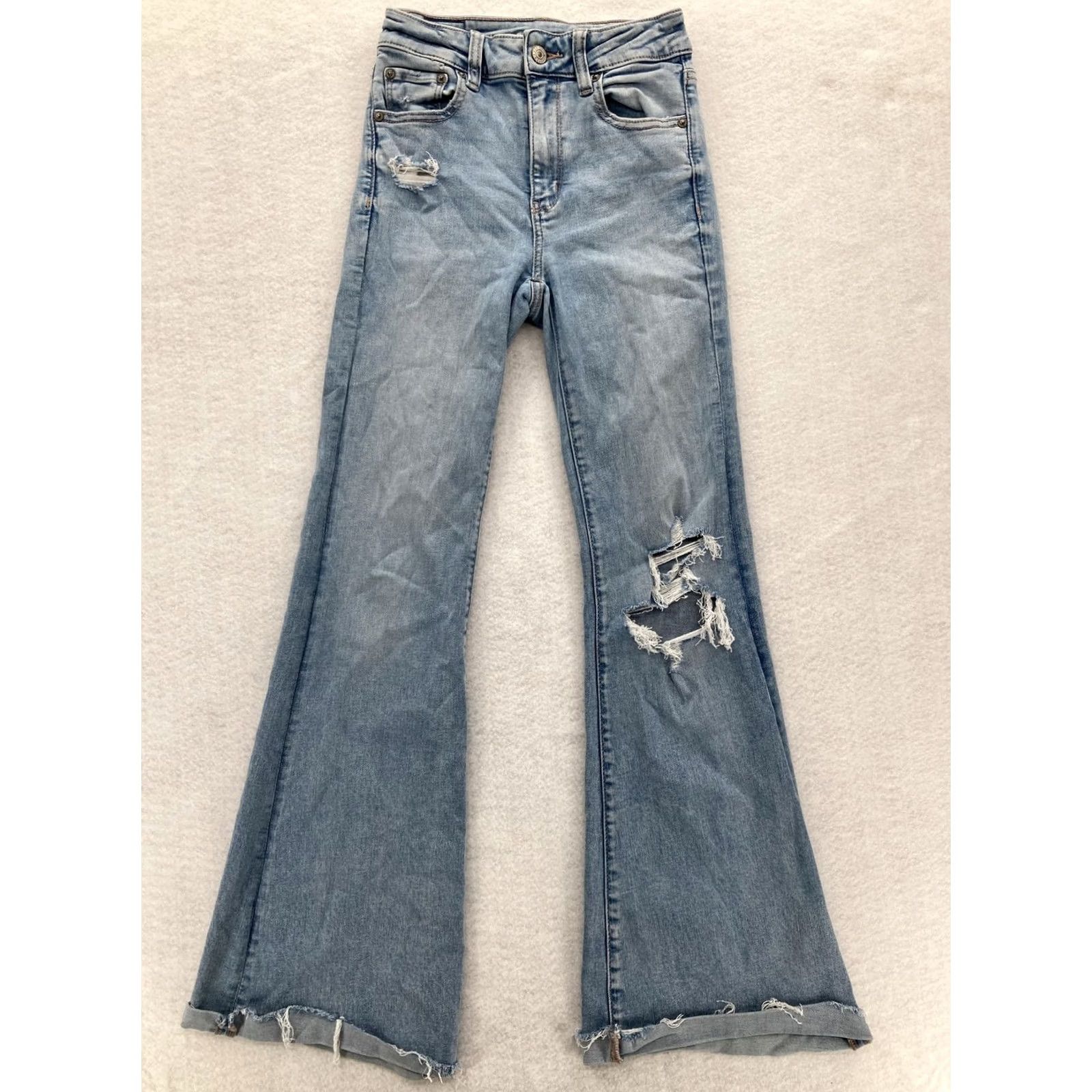 American Eagle Outfitters VINTAGE American Eagle Outfitters Jeans Womens 0 Flared Leg Blue High Rise 29in Stretch Distressed Womens Size 25" / US 0 / IT 36 - 2 Thumbnail
