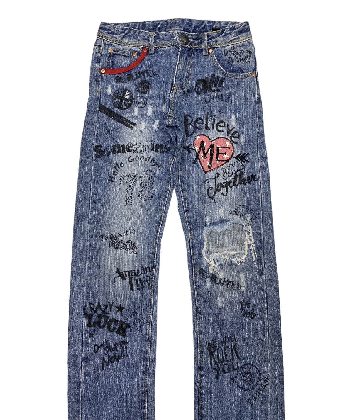 Hysteric Glamour × Japanese Brand RARE🔥PUNK STYLE DISTRESSED DENIM PLT JEANS SKULLS Size US 28 / EU 44 - 3 Thumbnail
