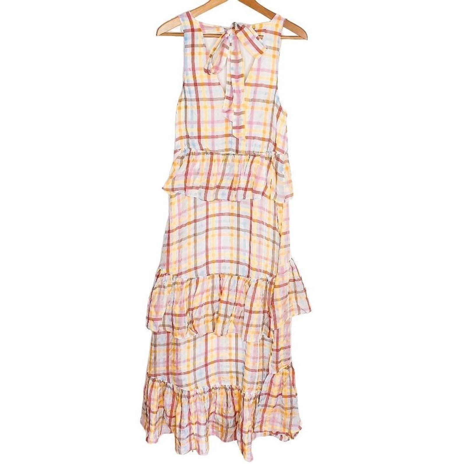 Cinq a Sept Cinq A Sept Astor Plaid White Pink Tiered Midi Dress Size 2 Size XS / US 0-2 / IT 36-38 - 3 Thumbnail