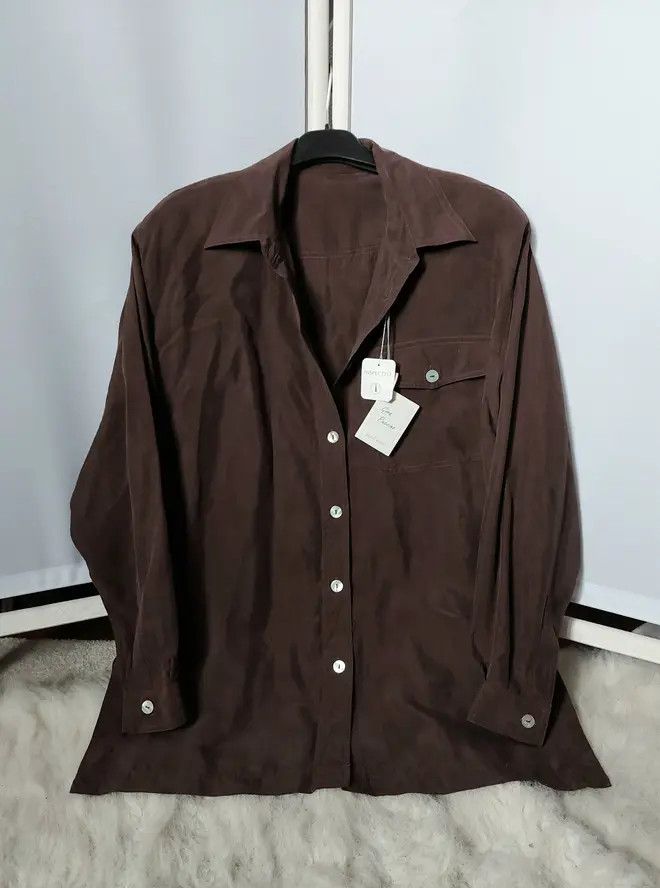 image of 100% Silk Shirt Chocolate Brown Luxury Soft 80's 90's Vintage, Women's (Size Large)