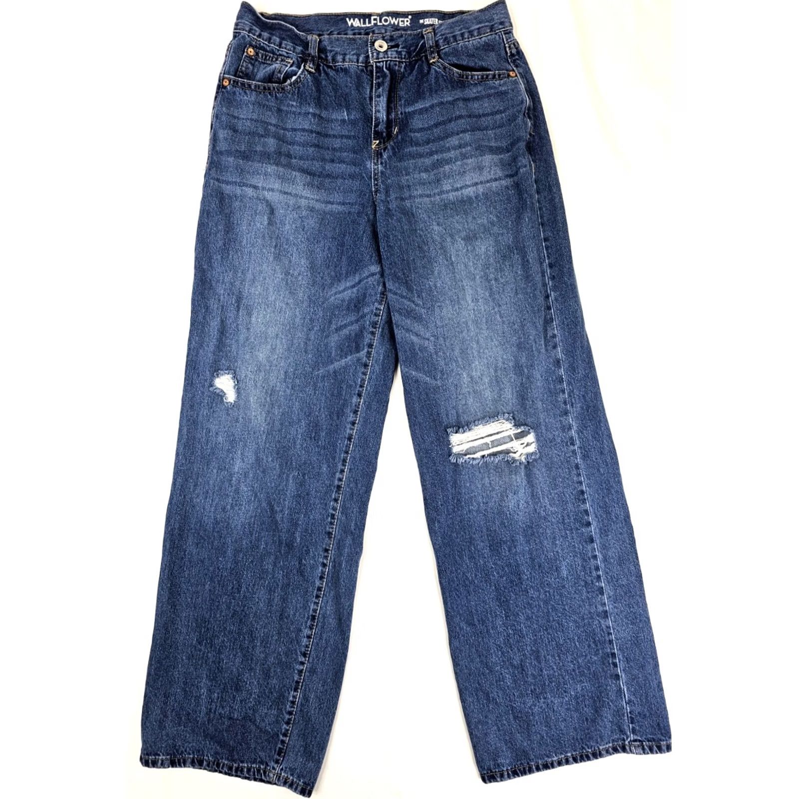 Vintage WallFlower Skater Fit Distressed Jeans Juniors Size 5 Relaxed Straight Denim Blue 27x29.5 Womens Girls Size 27" / US 4 / IT 40 - 2 Thumbnail