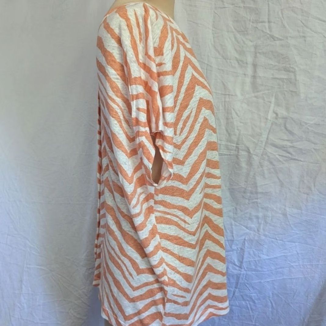 Vintage Tahari Blouse Zebra Linen Button Front V-Neck Dolman Short Sleeve Women's L Orange White Beachy Casual Summer Spring Catwalk Vintage No Size L / US 10 / IT 46 - 3 Thumbnail