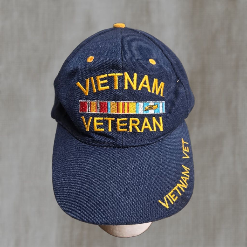 Vintage VINTAGE Vietnam Veteran Hat Trucker Cap Adjustable Strap Back Men’s Blue USA Navy Military Theme Hat Mens Adjustable Size ONE SIZE - 1 Thumbnail