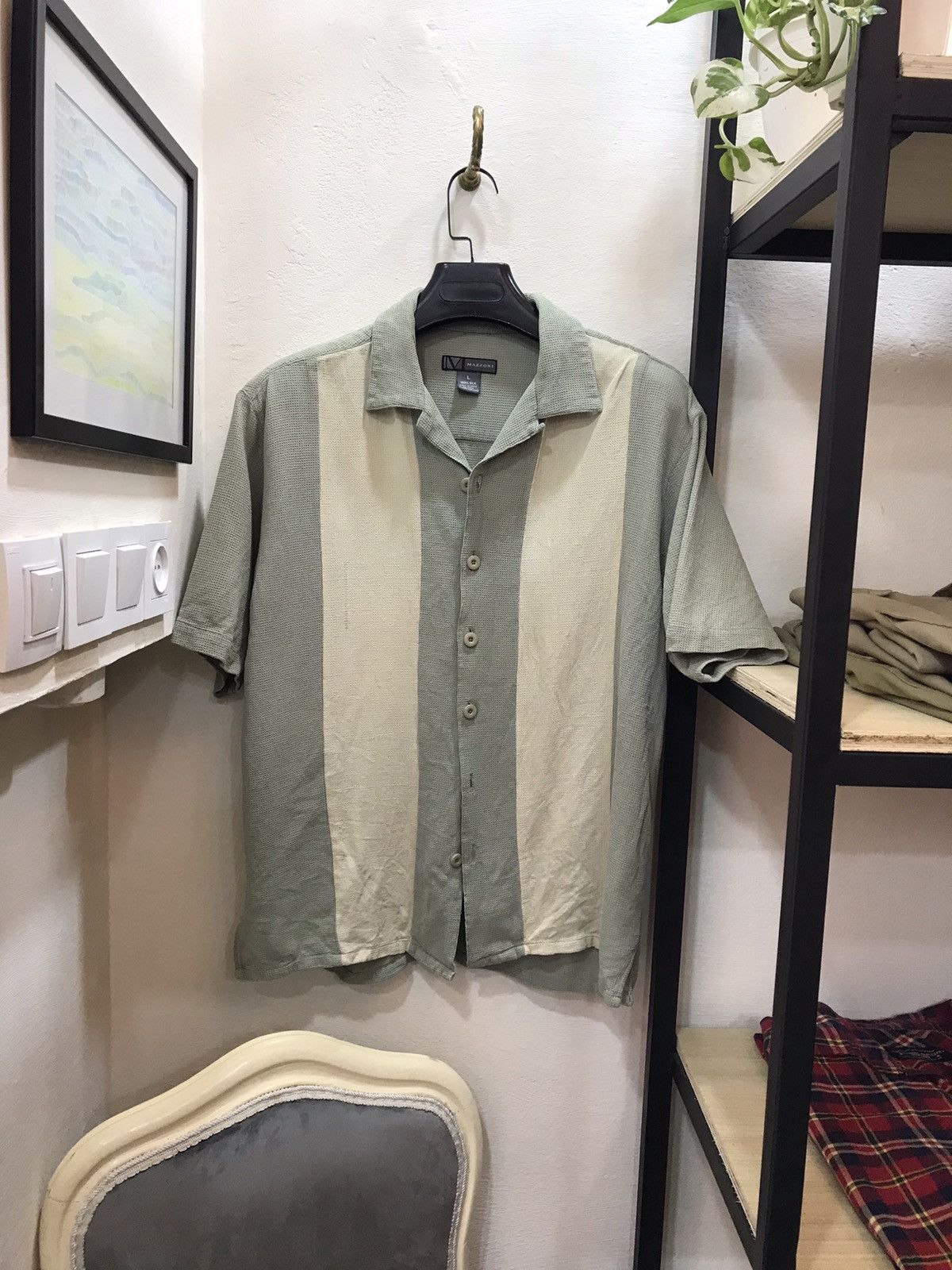 Handmade PURE SILK SAGE GREEN CREAM WAFFLE TEXTURE BUTTONUP Size US L / EU 52-54 / 3 - 3 Thumbnail