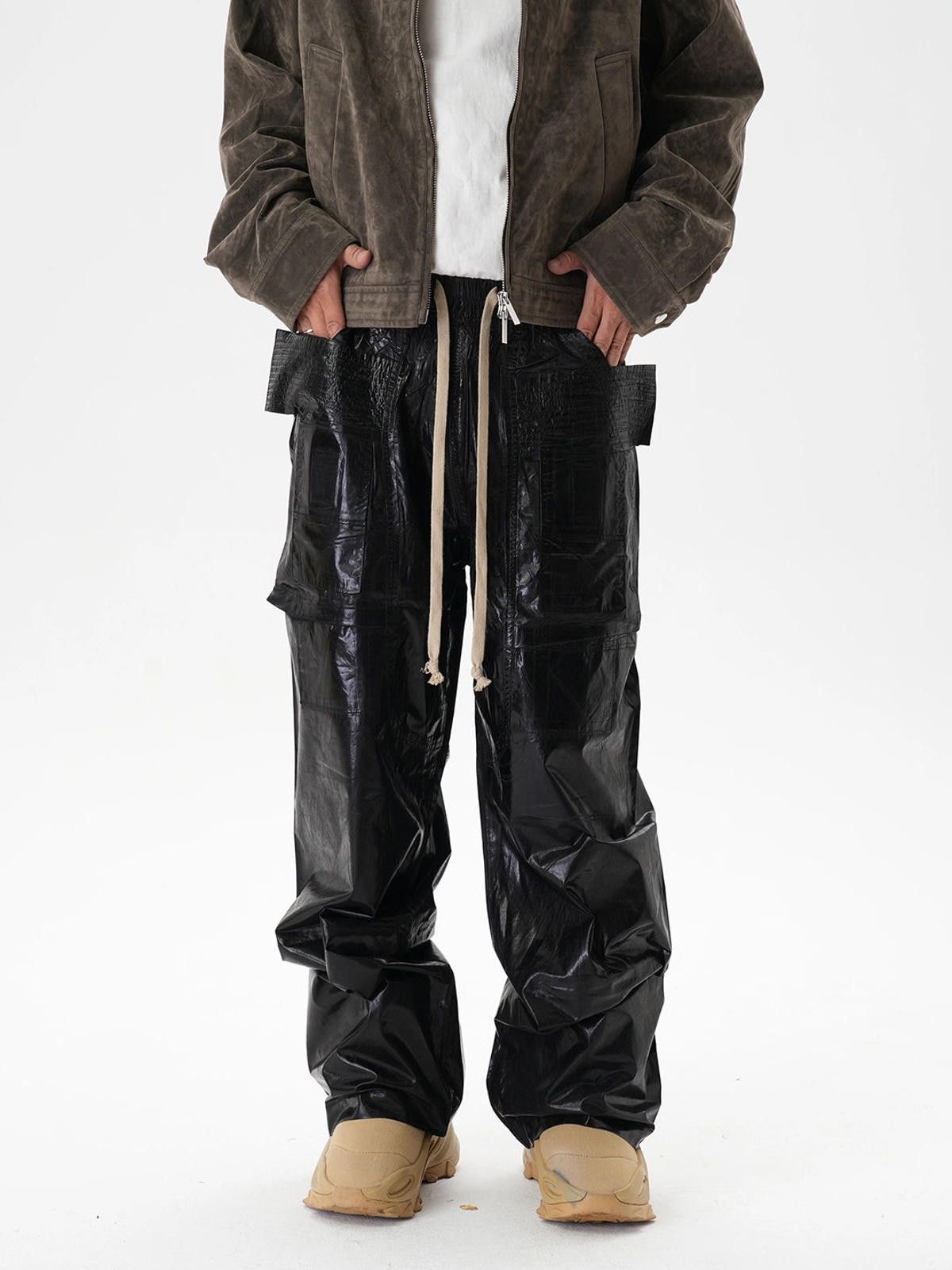 Japanese Brand Black Glossy Leather Multi Pocket Cargo Pants Size US 30 / EU 46 - 1 Thumbnail