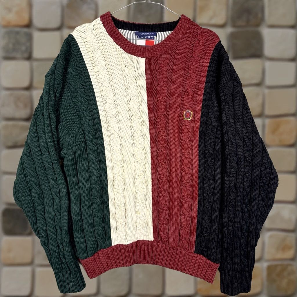Tommy Hilfiger Vtg Tommy Hilfiger Cable Knit Sweater Mens XL Crest Rugby Stripe Pullover Knit Size US XL / EU 56 / 4 - 1 Thumbnail