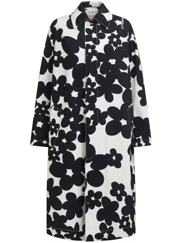 Marni o1w1db10326 Floral-Print Coat in Black/White Size L / US 10 / IT 46 - 1 Thumbnail