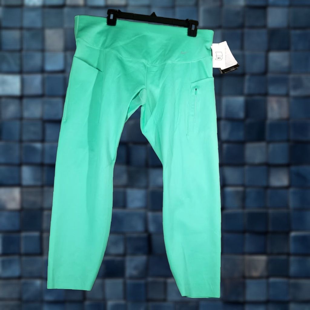 Nike NIKK Dri-FIT High Waisted Running Leggings Womens Plus 1X Green Ankle Pockets Athleisure Size 40" / US 18 - 1 Thumbnail