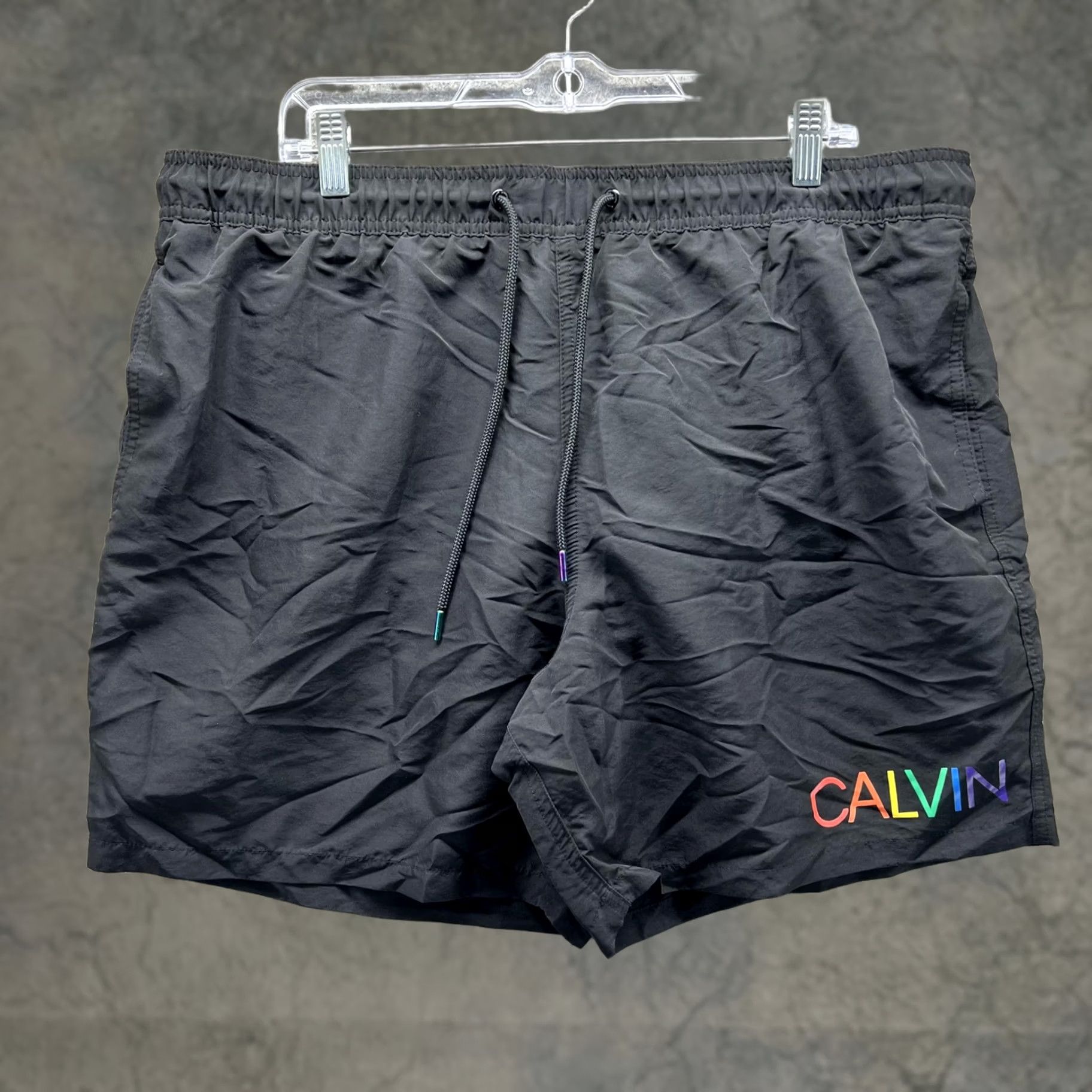 Calvin Klein Calvin Klein Swim Trunks Mens XXL Black Rainbow Pride Logo Drawstring Bottoms (Solid) Size US 39 - 1 Thumbnail