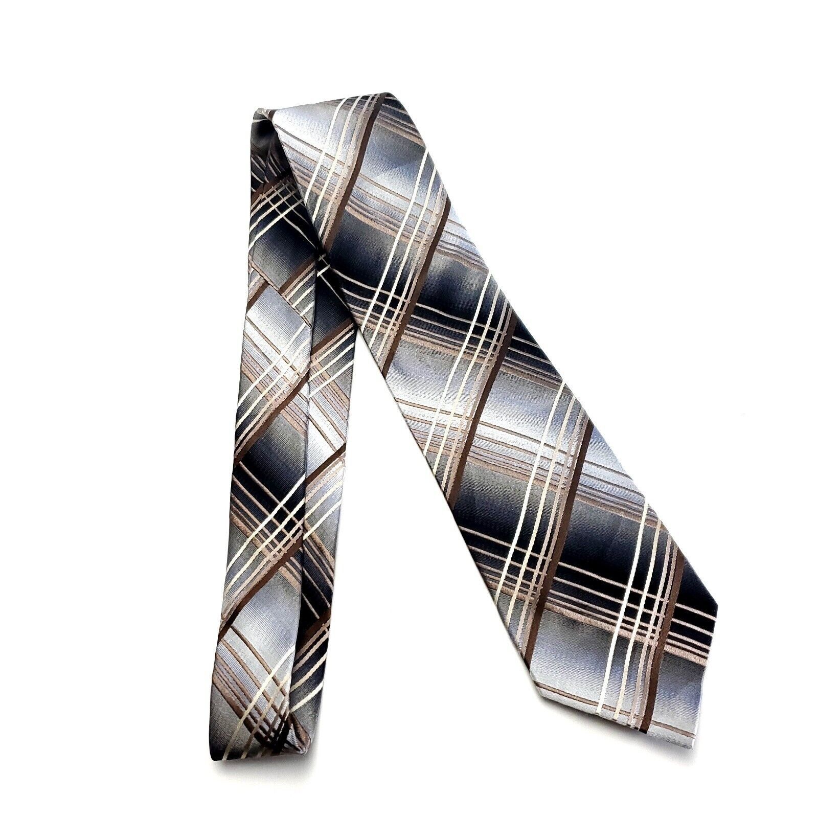 Pronto Uomo Pronto Uomo Silk Tie Woven Silver Brown Plaid Size ONE SIZE - 6 Thumbnail