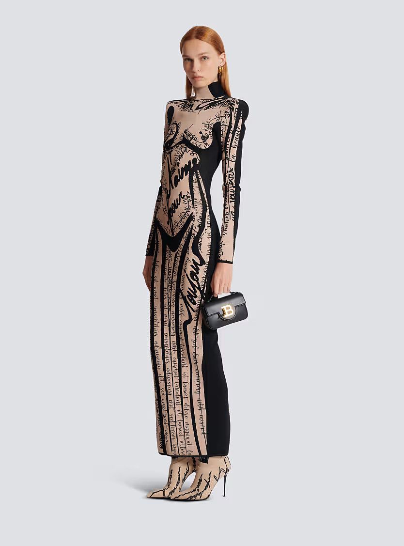 Balmain o1s1wg111225 Long Knit Dress With Body Motif in Beige Size M / US 6-8 / IT 42-44 - 3 Thumbnail