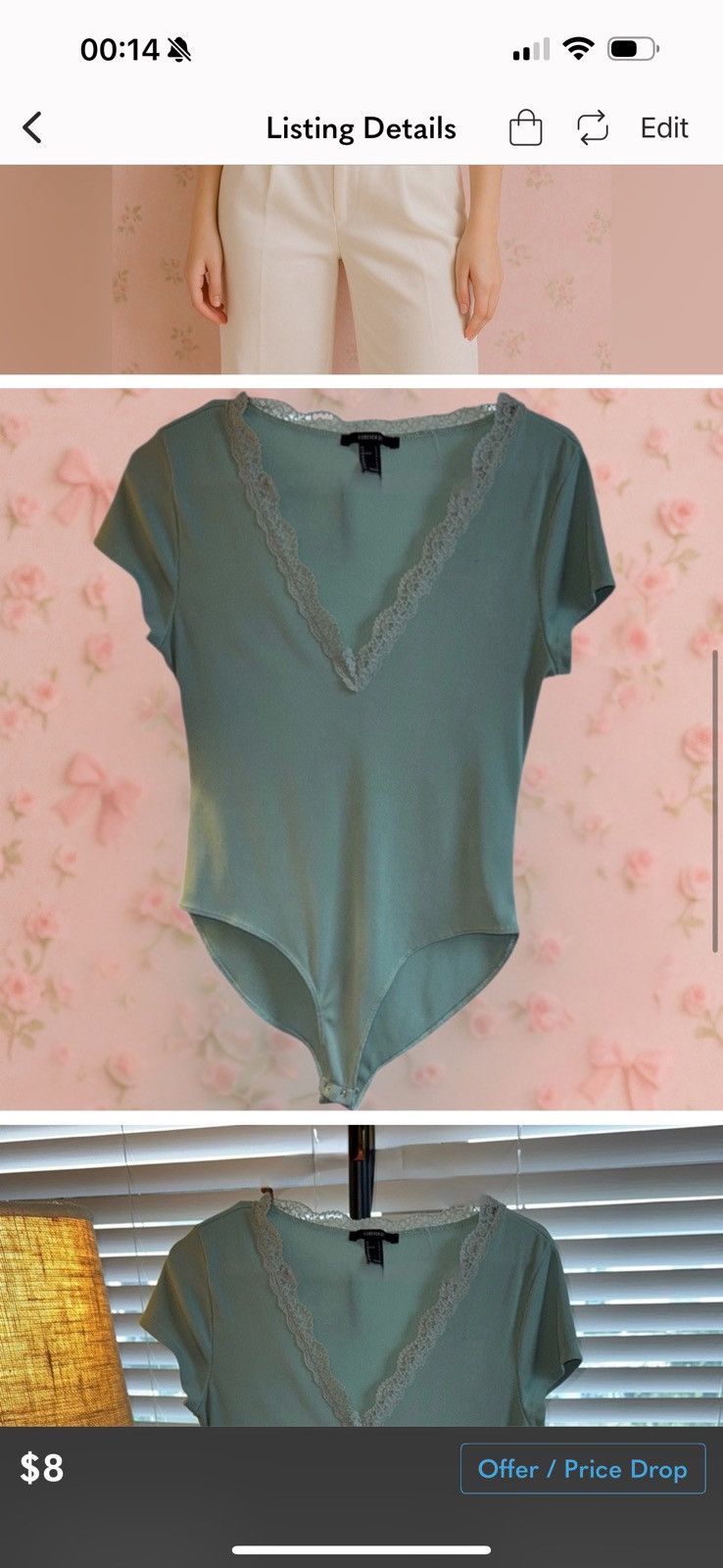 Forever 21 Forever 21 LaceTrim Ribbed V-Neck Bodysuit Sage Green Size L Size L / US 10 / IT 46 - 3 Thumbnail
