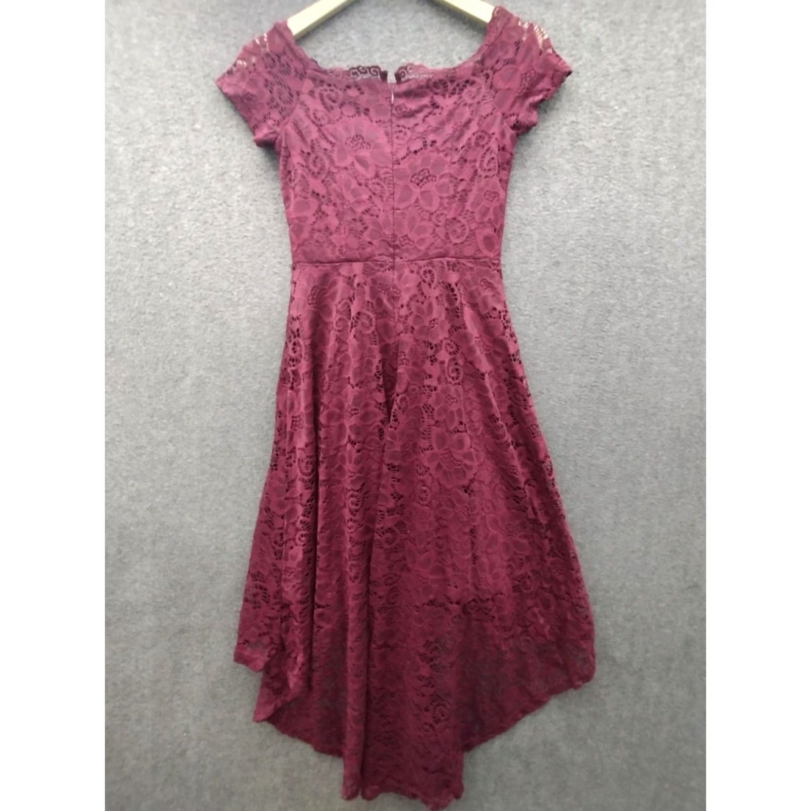 Vintage Dressystar Women's XS Lace Cocktail Dress Hi-Lo Off Shoulder Wine Red Dress Size XS / US 0-2 / IT 36-38 - 2 Thumbnail