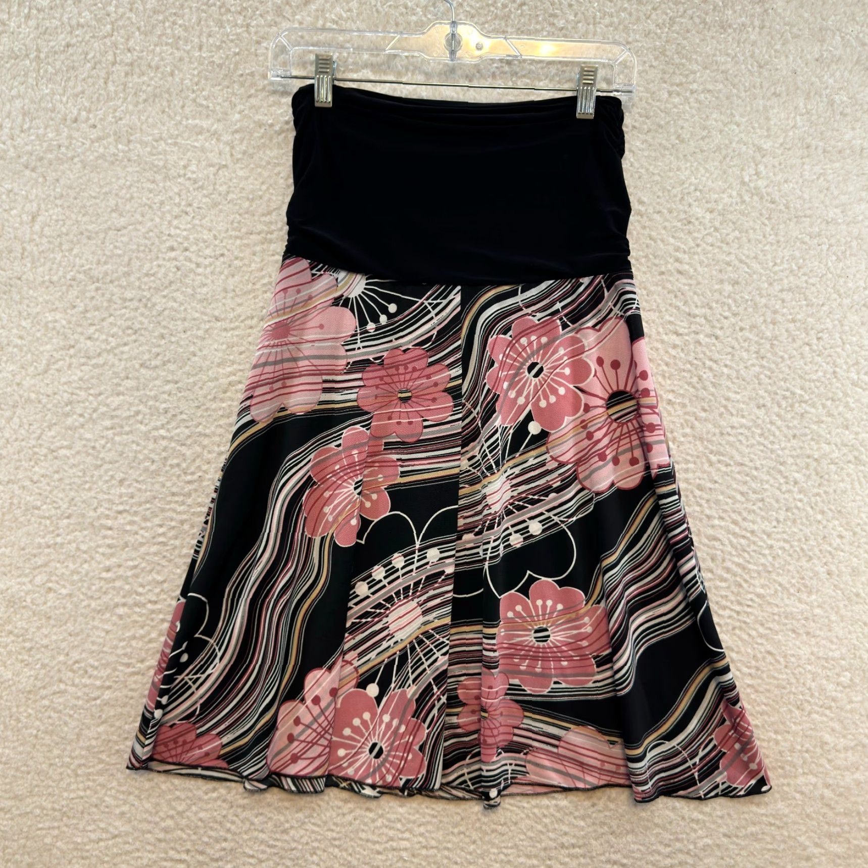 Vintage VINTAGE Y2K Midi Skirt S Pink Floral Grunge Boho Fairy Slinky Black Size 28" / US 6 / IT 42 - 2 Thumbnail