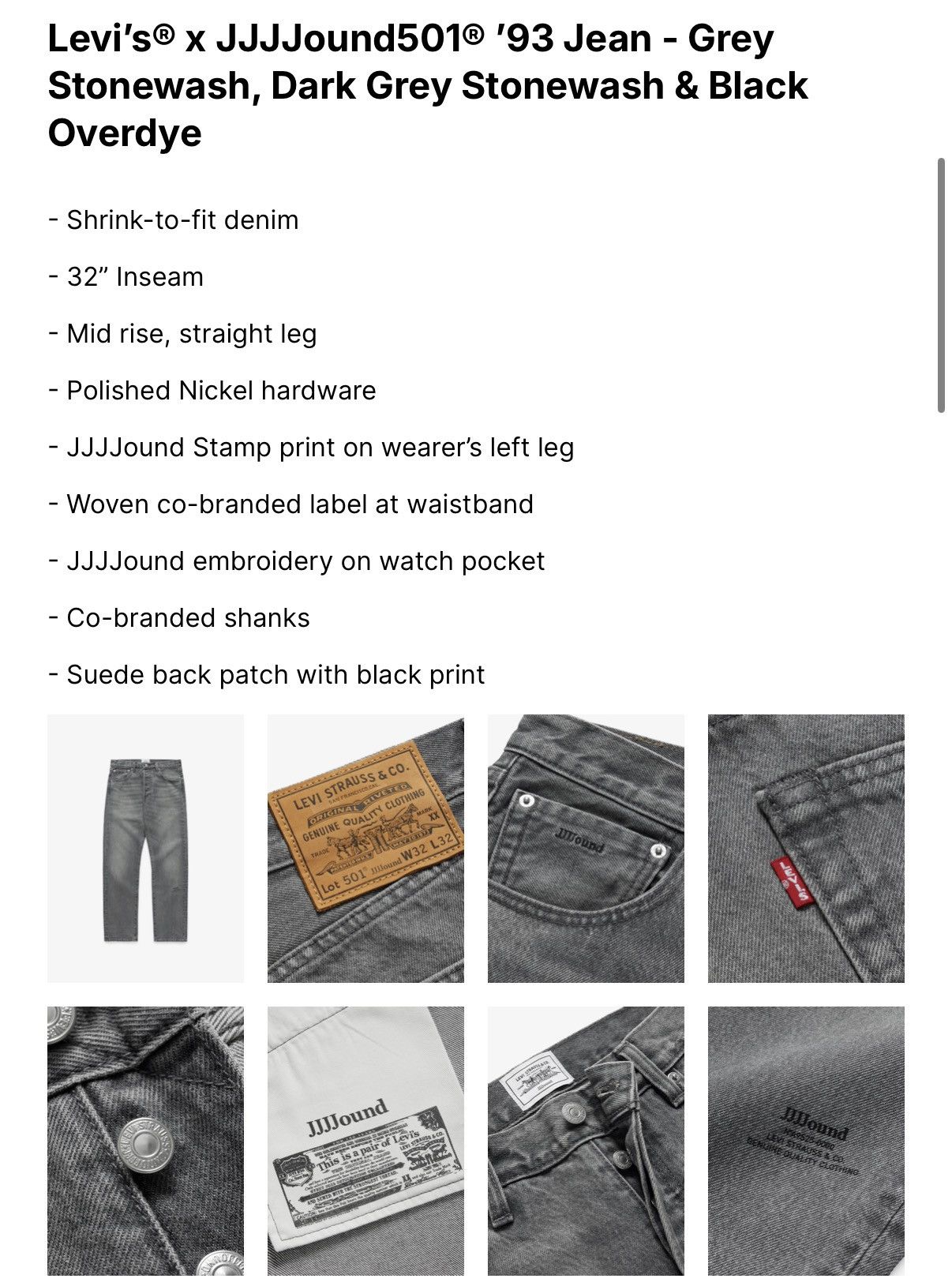 JJJJound × Levi's Levi’s® x JJJJound501® ’93 Jean - Grey Stonewash Size US 32 / EU 48 - 4 Thumbnail