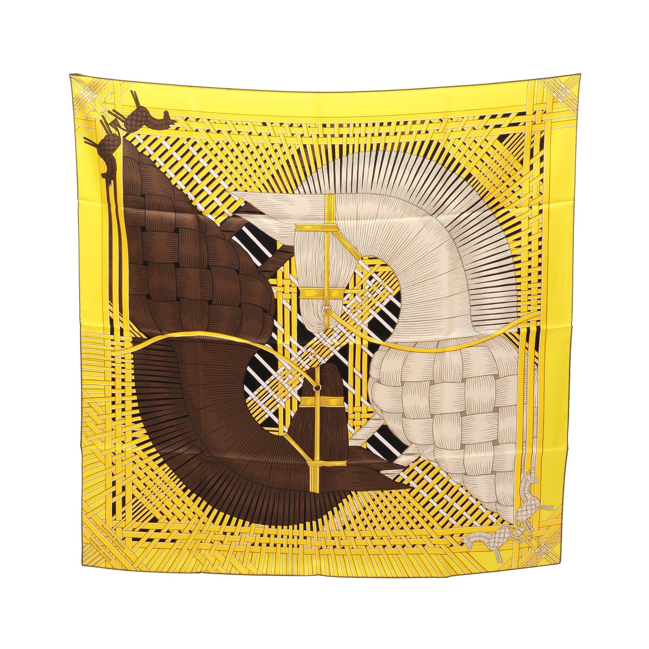 Hermes Hermes Carres 90 Masan&Masan Scarf Silk Yellow Gray Brown Multicolor Size ONE SIZE - 1 Thumbnail