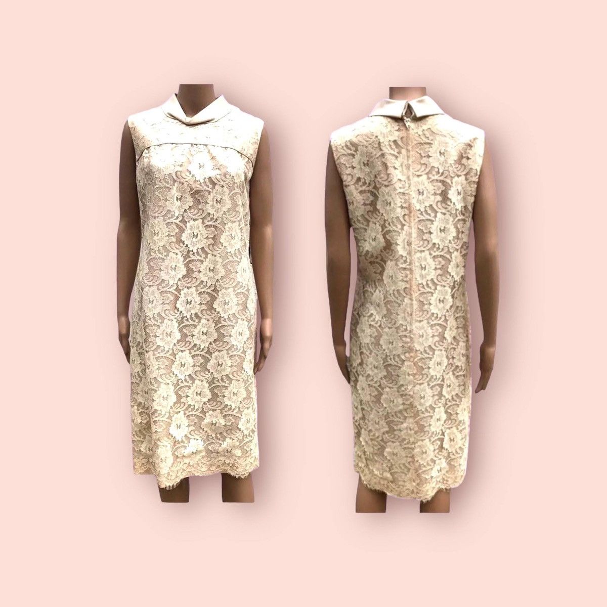 Vintage 60s Ivory Lace Baroque Dress Mid Calf + Rolled Collar Size M / US 6-8 / IT 42-44 - 6 Thumbnail