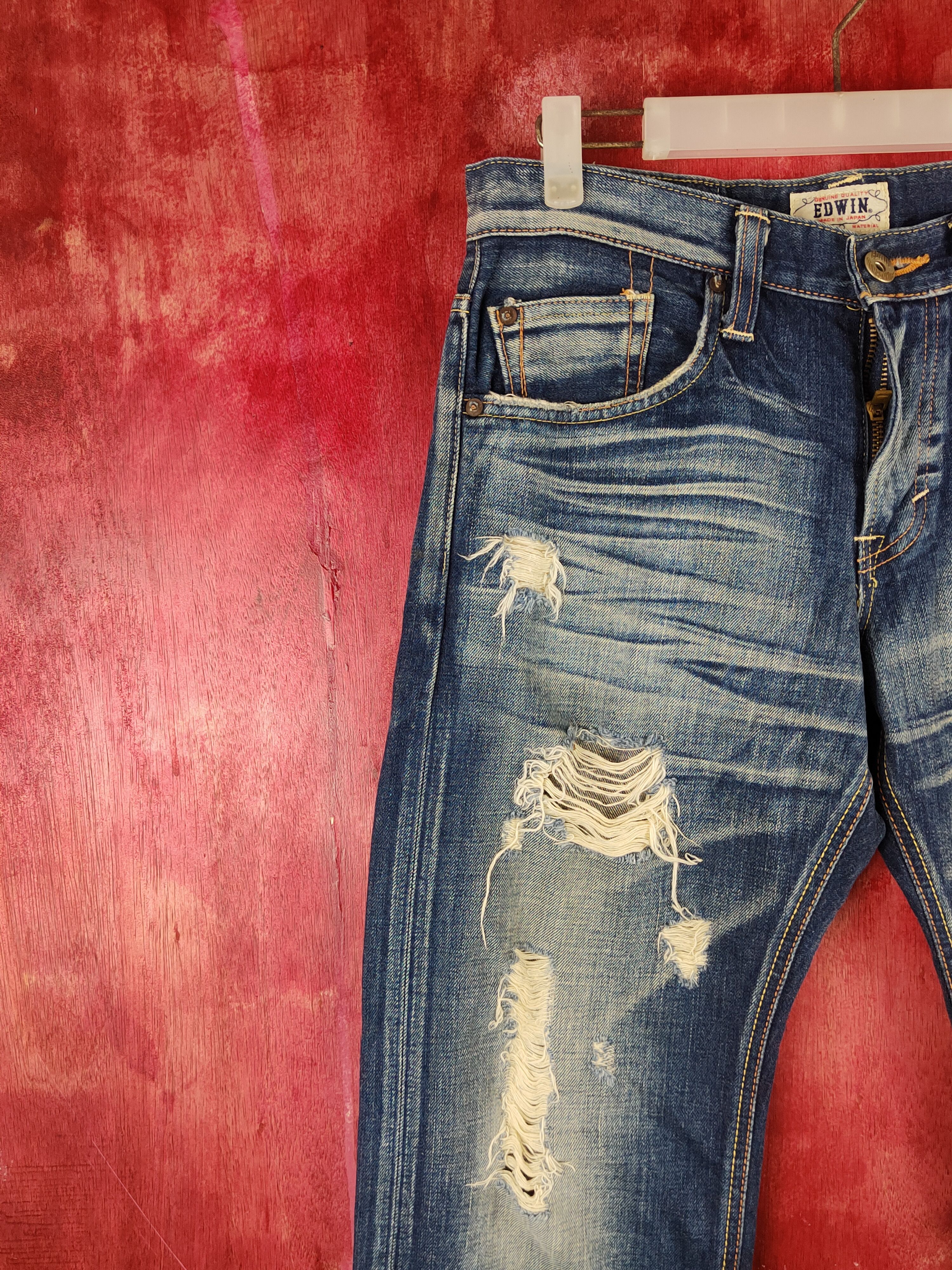 Edwin Edwin Dark faded vtg Distressed ripped jeans Denim #S1485 Size US 31 - 3 Thumbnail