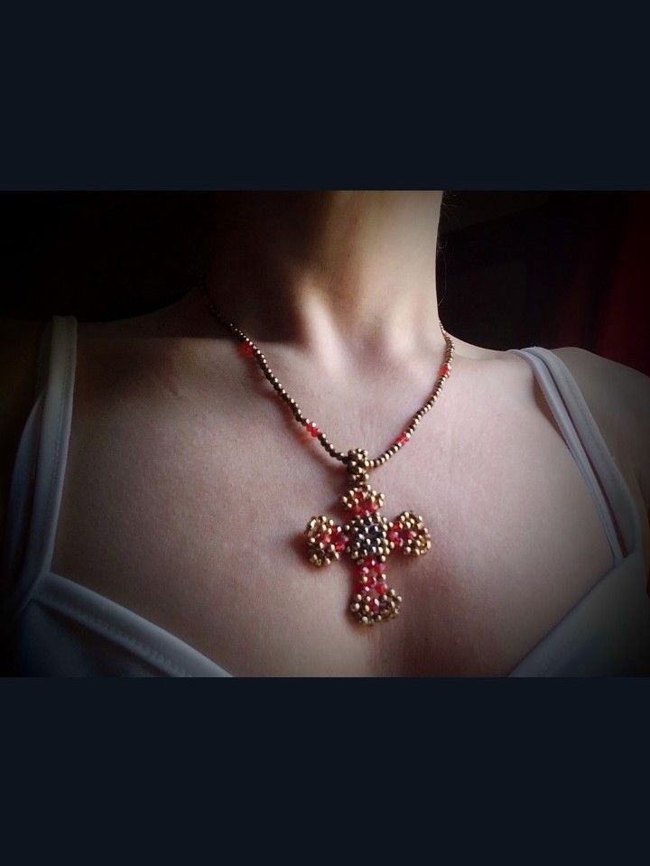 Handmade Necklace Vintage Brass Red Crystal Beaded Cross Pendant Size ONE SIZE - 5 Thumbnail