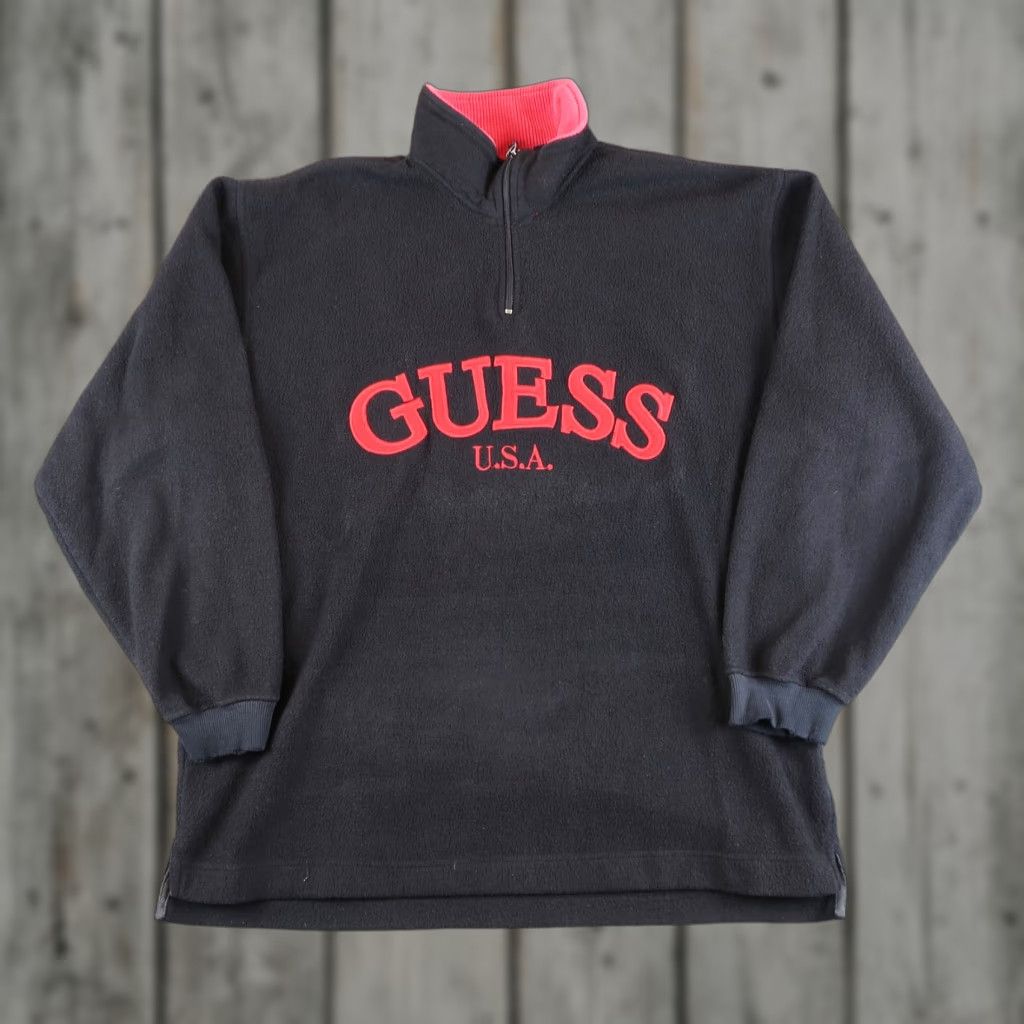 Guess VINTAGE Guess Classics Mens L Large 1/4 Zip Fleece Jacket Black Pullover Shirt Size US L / EU 52-54 / 3 - 1 Thumbnail