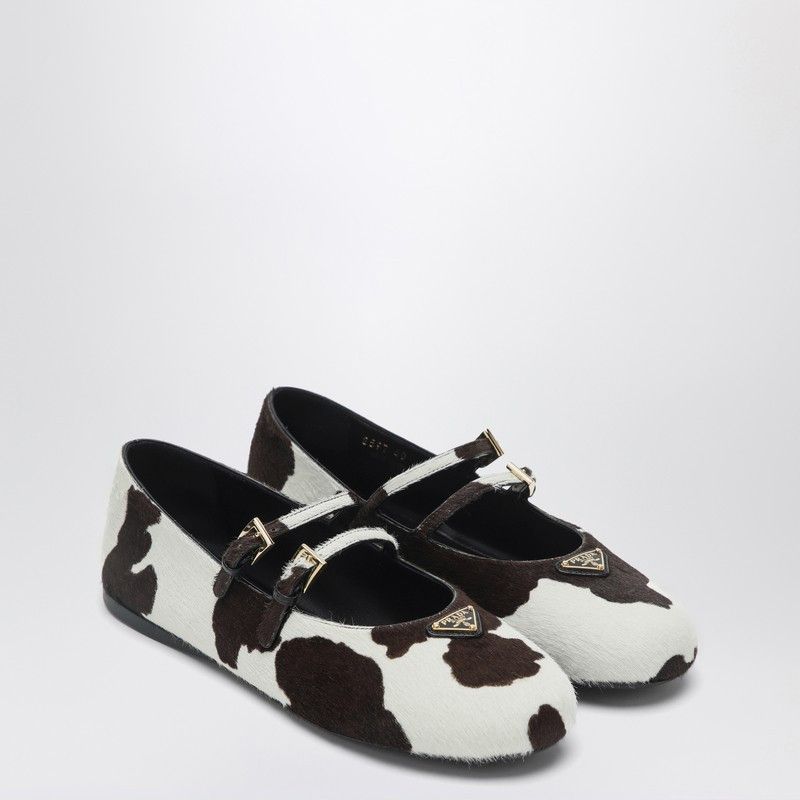 バレエシューズ PRADA WHITE/DARK BROWN BALLERINAS WITH ANIMAL PRINT Prada Prada White/Dark Brown Ballerinas With Animal Print