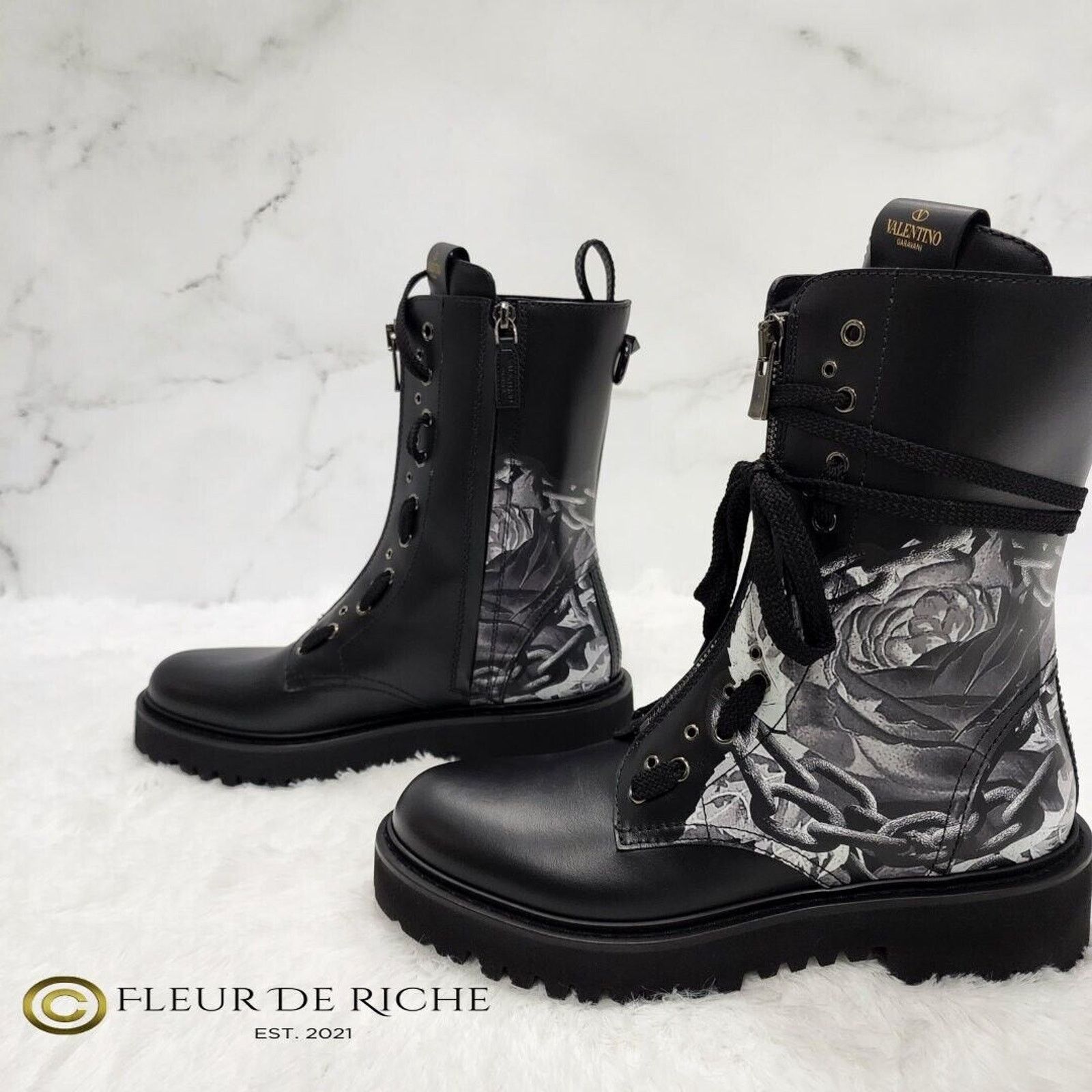 Valentino Valentino x Undercover Black Rose Print Leather Combat Boots Size US 9 / IT 39 - 4 Thumbnail