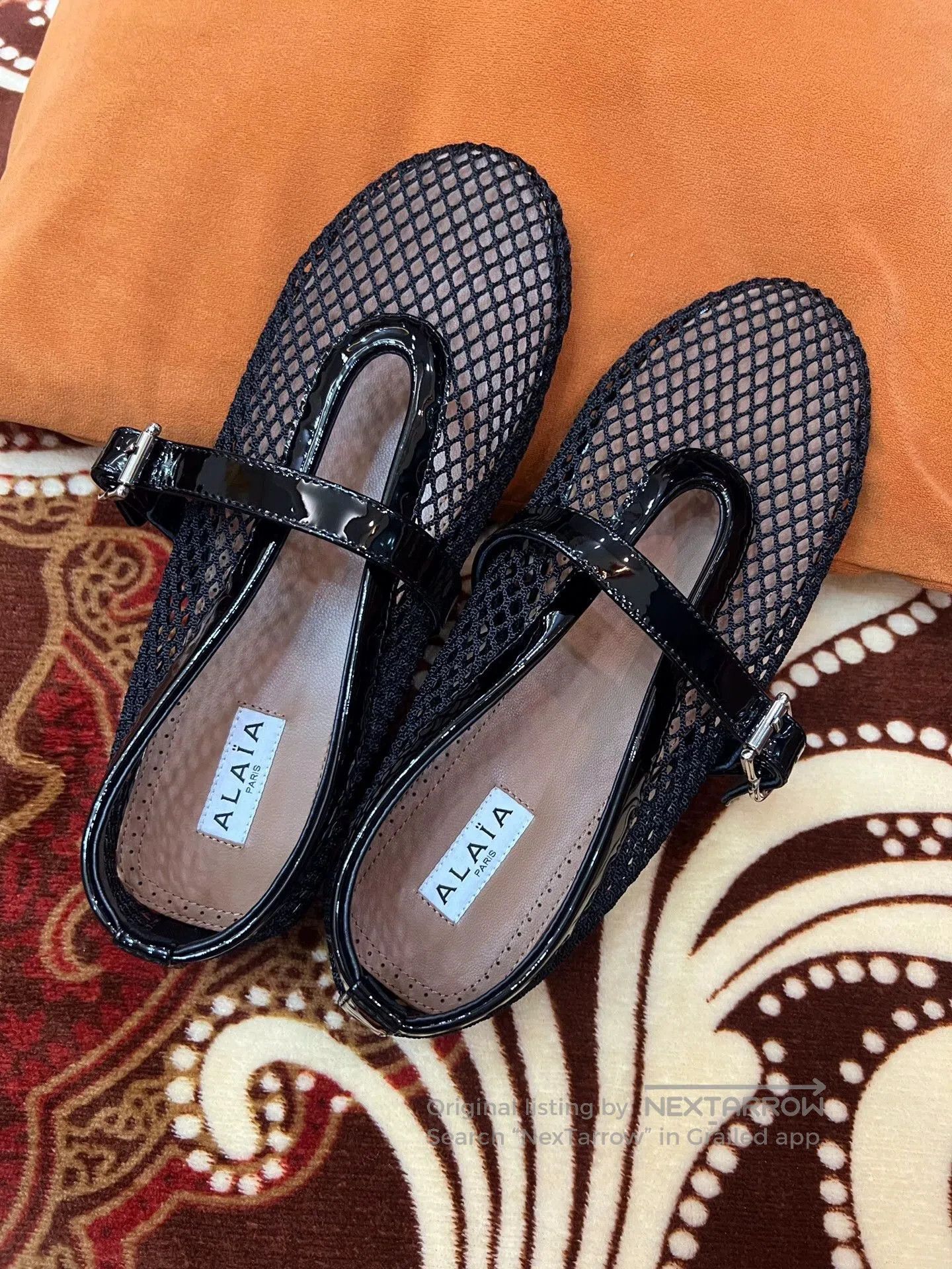 ALAIA Black Mesh Mary Jane Flats.