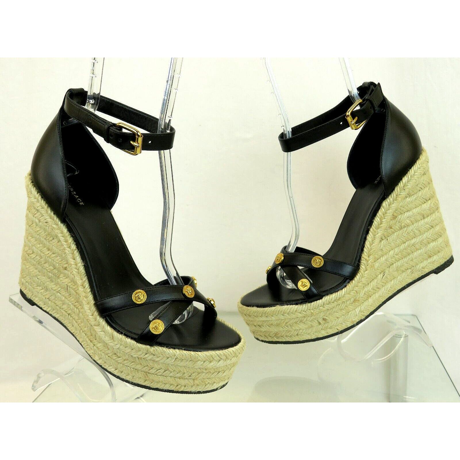 Versace VERSACE BLACK LEATHER GOLD MEDUSA LOGO SANDAL ESPADRILLES 40 Size US 10 / IT 40 - 7 Thumbnail
