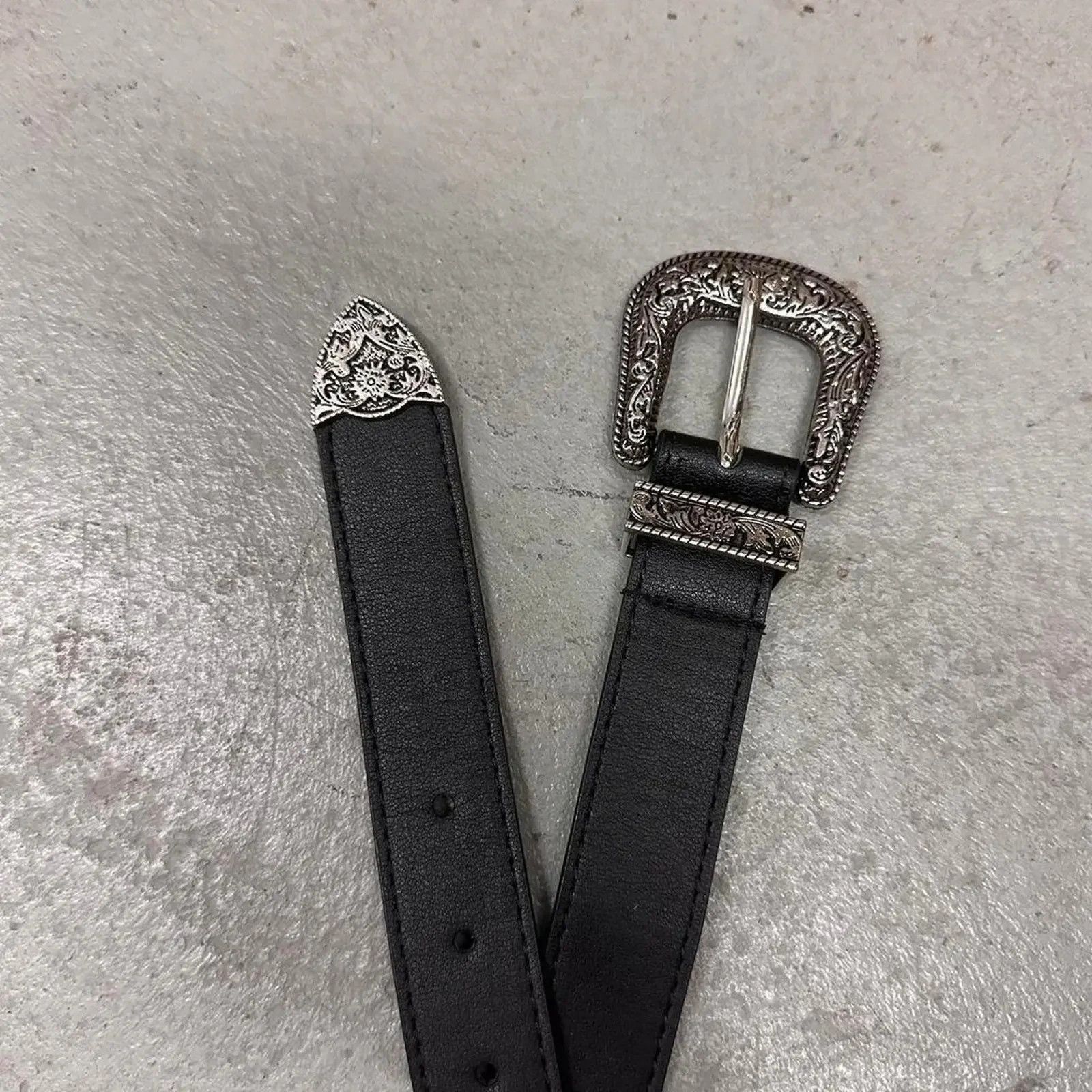 Other Black western style belt with silver engraved buckle MENS Size 30 - 2 Thumbnail