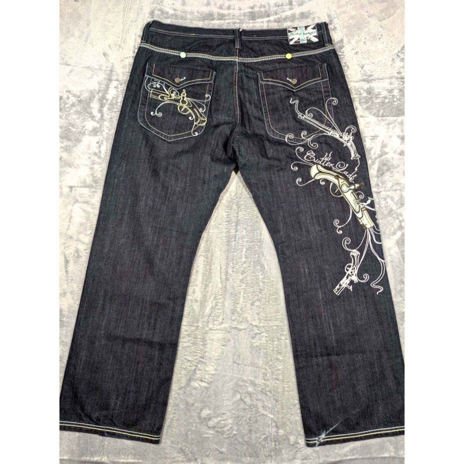 Vintage VINTAGE Mens Artful Dagger Jeans Embroidered Muskets Sz 42x33 Thick Stitch Baggy Y2k Size US 42 / EU 58 - 6 Thumbnail