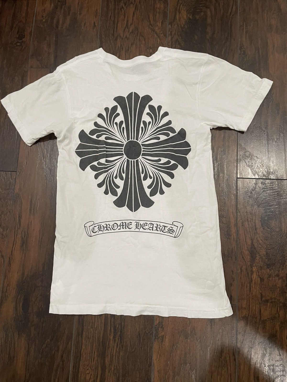 image of Chrome Hearts White Scroll Cross Tshirt, Men's (Size Small)