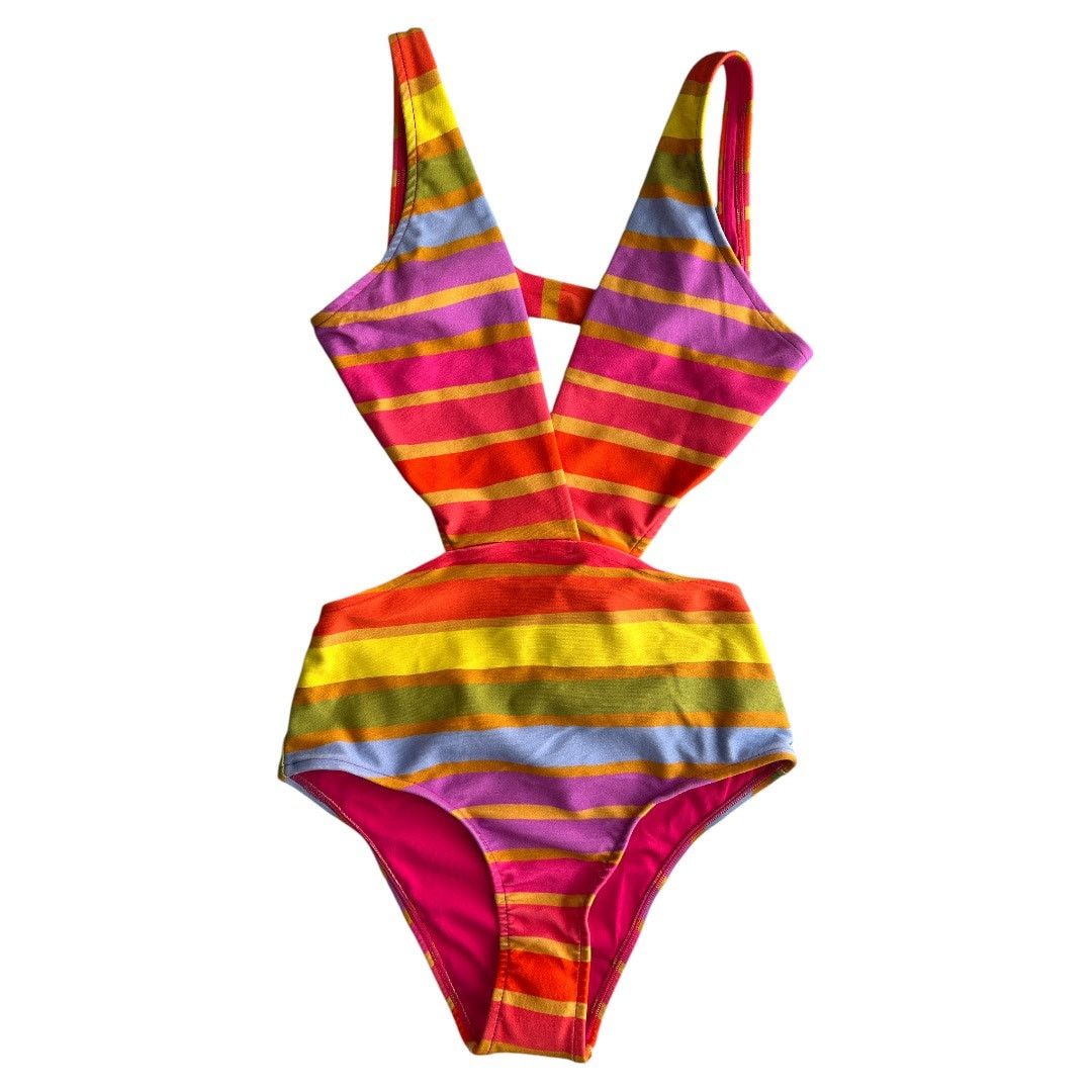 Farm Rio FARM RIO Shiny Stripes V-Neck Cutout One Piece Swimsuit, XS Size ONE SIZE - 2 Thumbnail