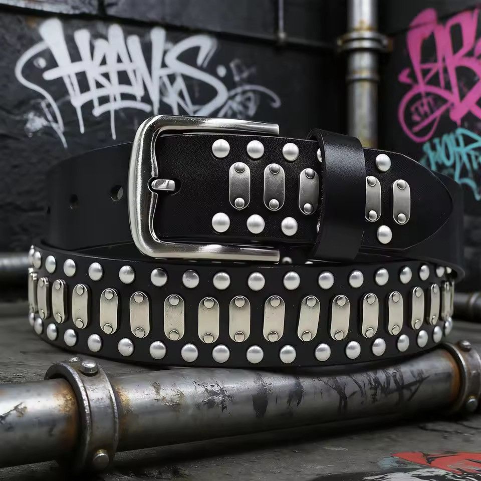 Japanese Brand Studded Black Leather Belt - Y2K Grunge Bikercore G3.8cm Size ONE SIZE - 4 Thumbnail