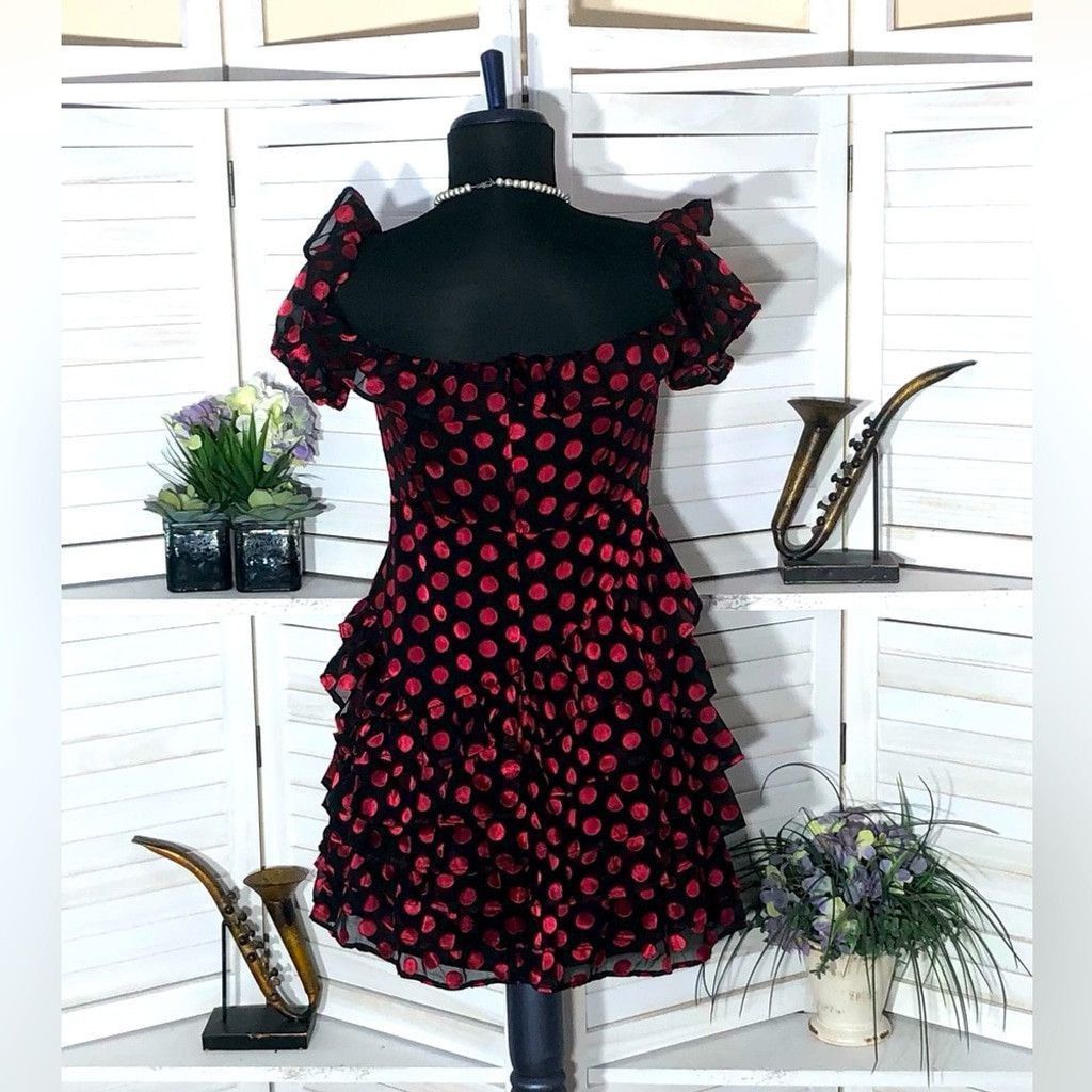Lovers and Friends Lovers + Friends mini dress black red dot tiered ruffles M Size L / US 10 / IT 46 - 3 Thumbnail