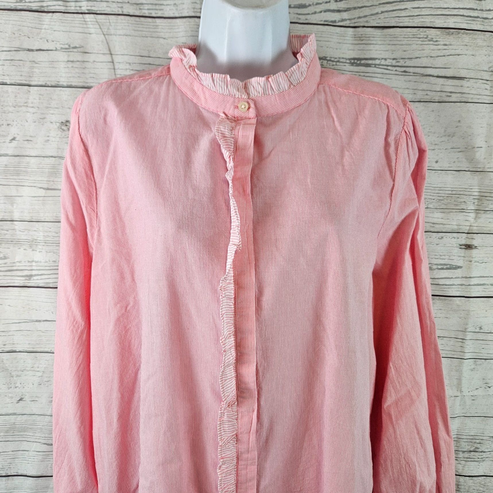 Loft LOFT Ann Taylor Womens Button Up Top XL Pink White Stripe Cotton Ruffle Shirt Size XL / US 12-14 / IT 48-50 - 2 Thumbnail