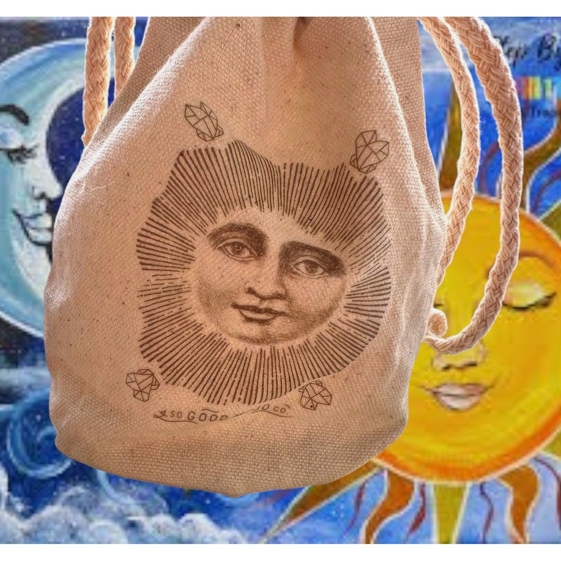 Vintage Drawstring Jewelry Pouch Good Mojo Co Sun Face Crystals Stas Size ONE SIZE - 5 Thumbnail