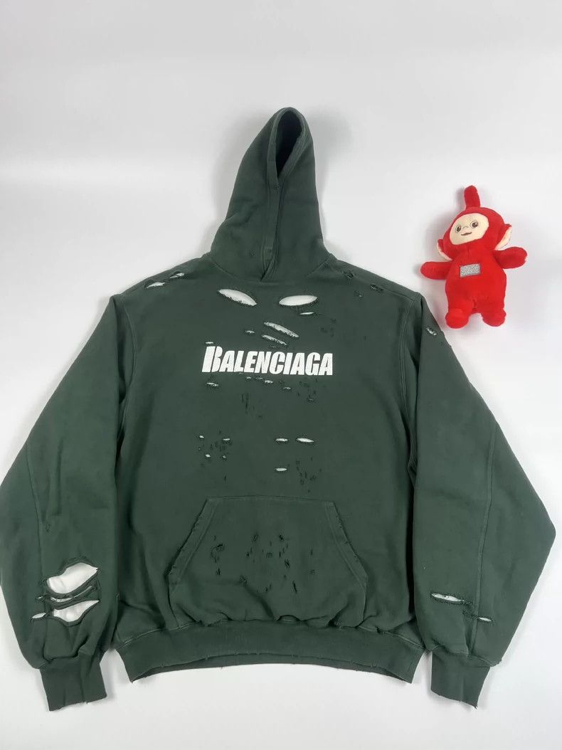 Balenciaga Balenciaga dark green distressed cracked letter logo hoodie Size US XXS / EU 40 - 1 Thumbnail