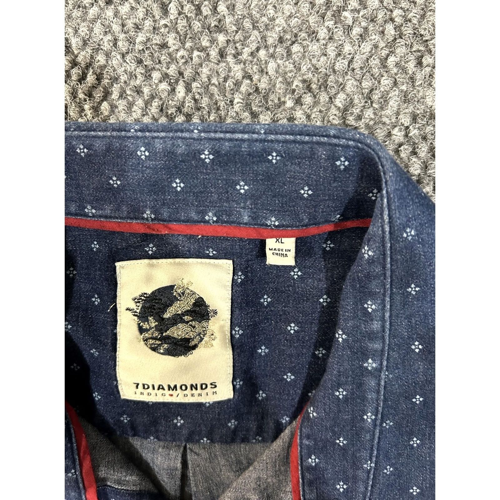 Vintage 7 Diamonds Shirt Mens XL Blue Denim Geometric Short Sleeve Button Up Stretch Size US XL / EU 56 / 4 - 4 Thumbnail