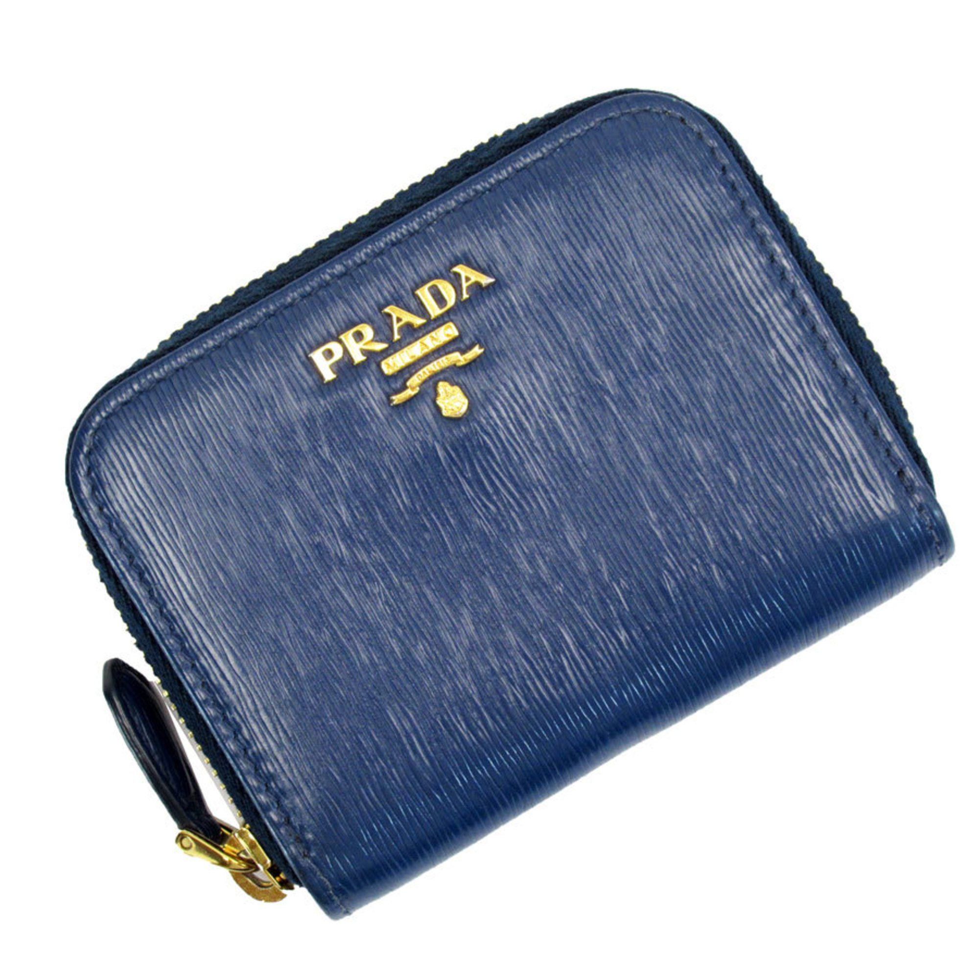 image of Prada Coin Case Wallet Card Business Holder Leather Navy Gold Unisex W0252I, Women's