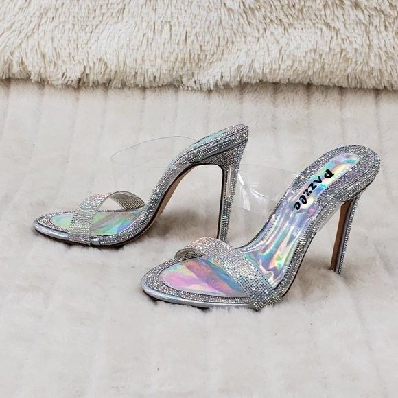 Other Lee Silver Hologram Rhinestone Slip On Double Strap High Hee Size US 6.5 / IT 36.5 - 5 Thumbnail