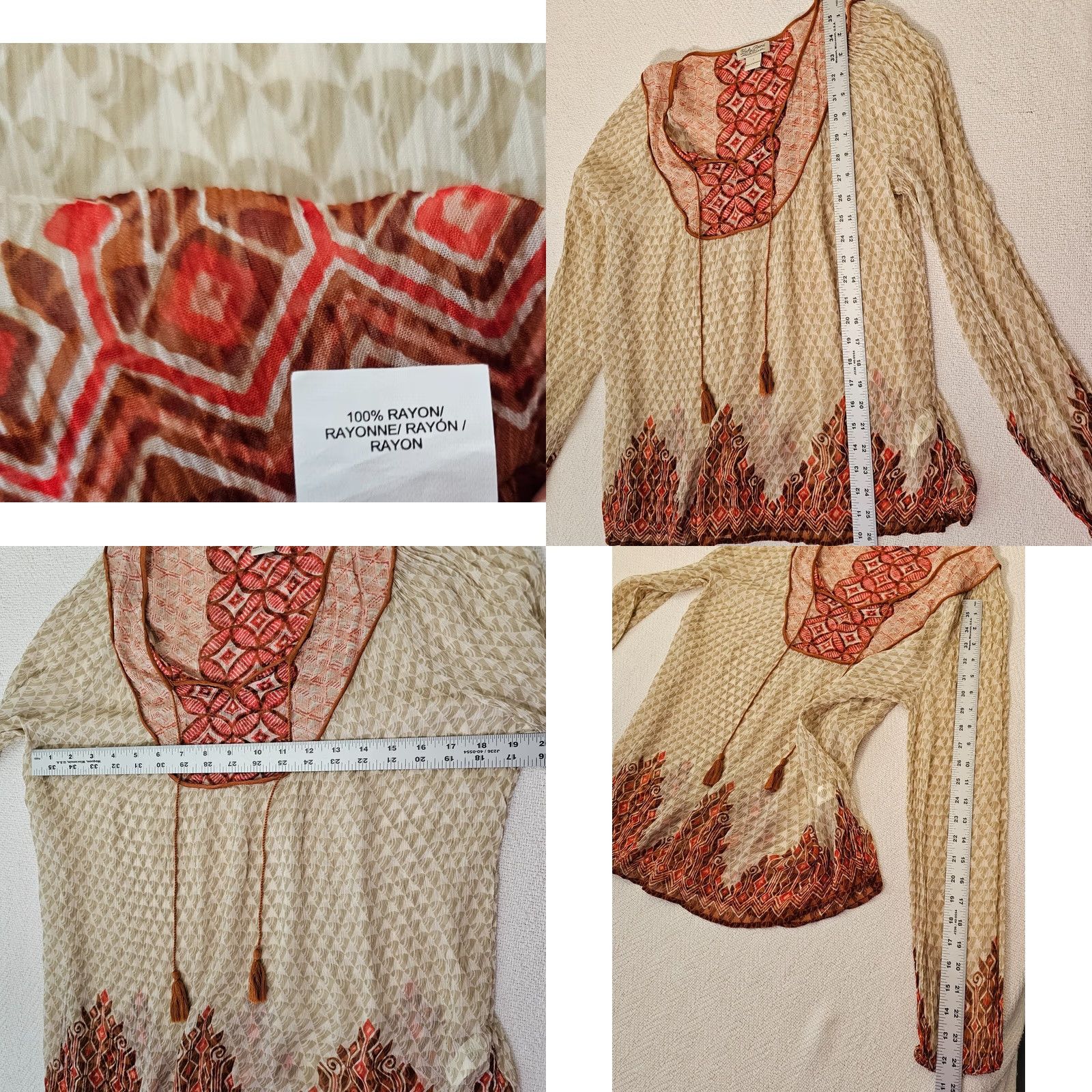 Lucky Brand Lucky Brand Top Shirt Regular Womens L Brown Red Paisley Long Sleeve Sheer Booth Blouse Size L / US 10 / IT 46 - 8 Thumbnail