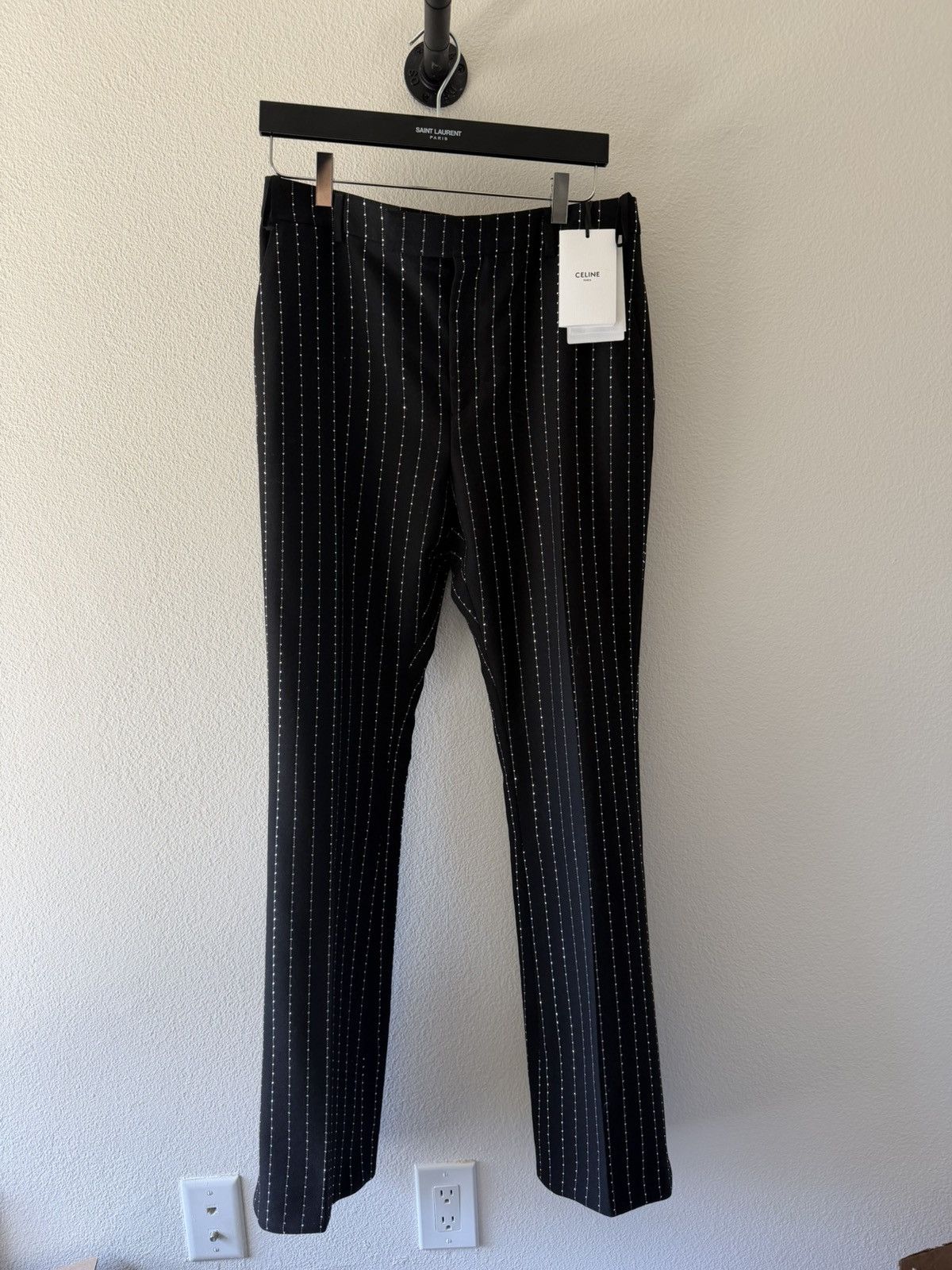 Celine $2450 Crystal Embellished Pinstripe Flared Wool Pants 48 Size US 32 / EU 48 - 1 Thumbnail
