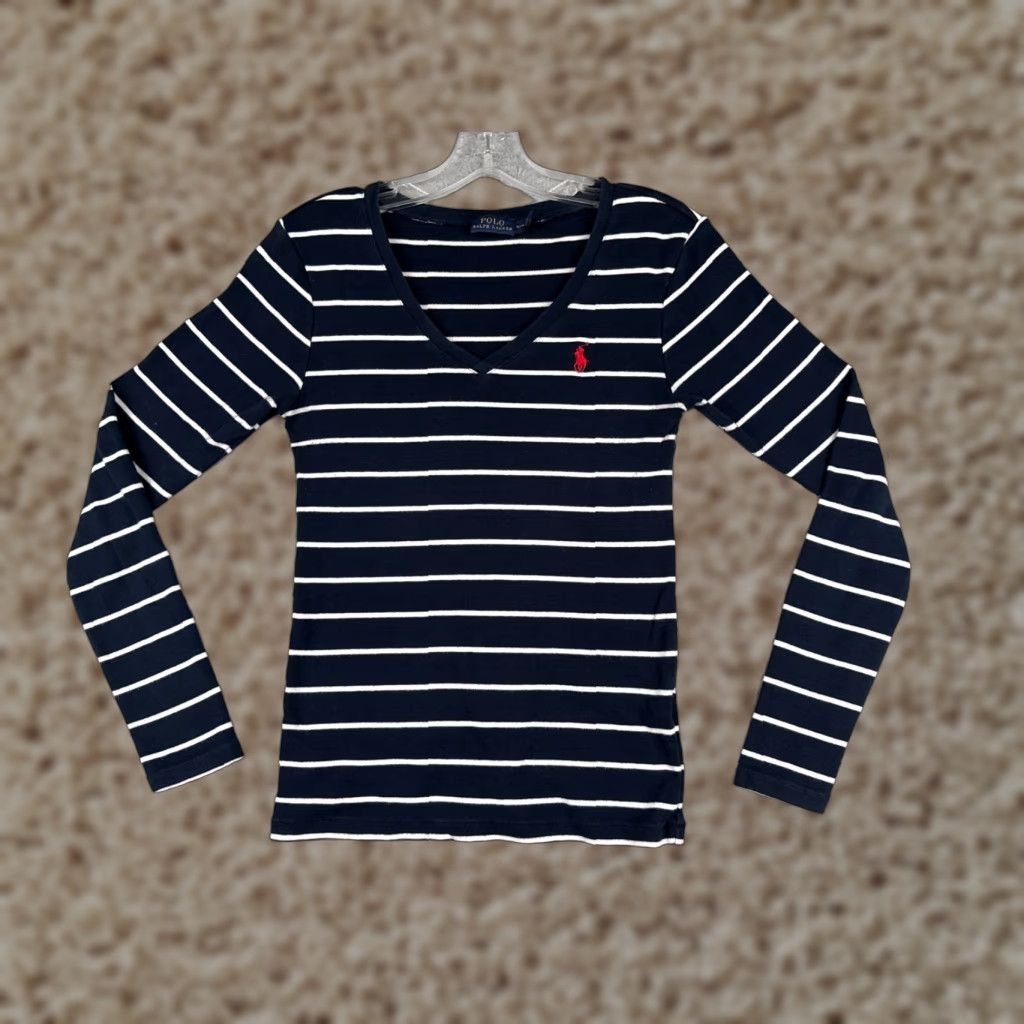 Polo Ralph Lauren Polo Ralph Lauren Shirt Juniors M Blue Stripe V-Neck Long Sleeve Cotton Size M / US 6-8 / IT 42-44 - 1 Thumbnail