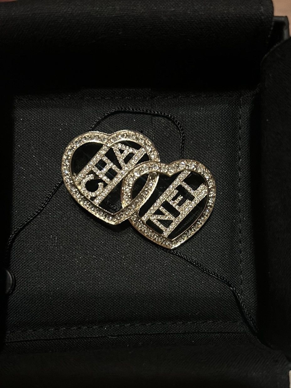 Chanel Crystal Double Heart Logo Brooch Silver C23B