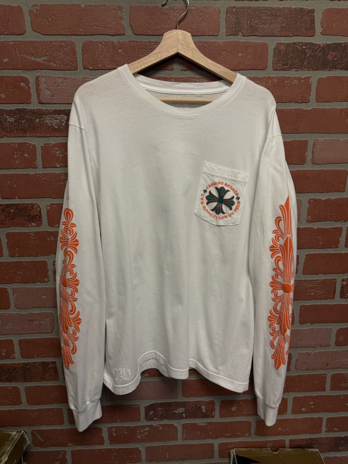 希少♪【CHROME HEARTS】HORSESHOE FLORAL THERMAL L/S TEE Chrome Hearts Horseshoe Floral Sleeve Waffle Thermal Shirt
