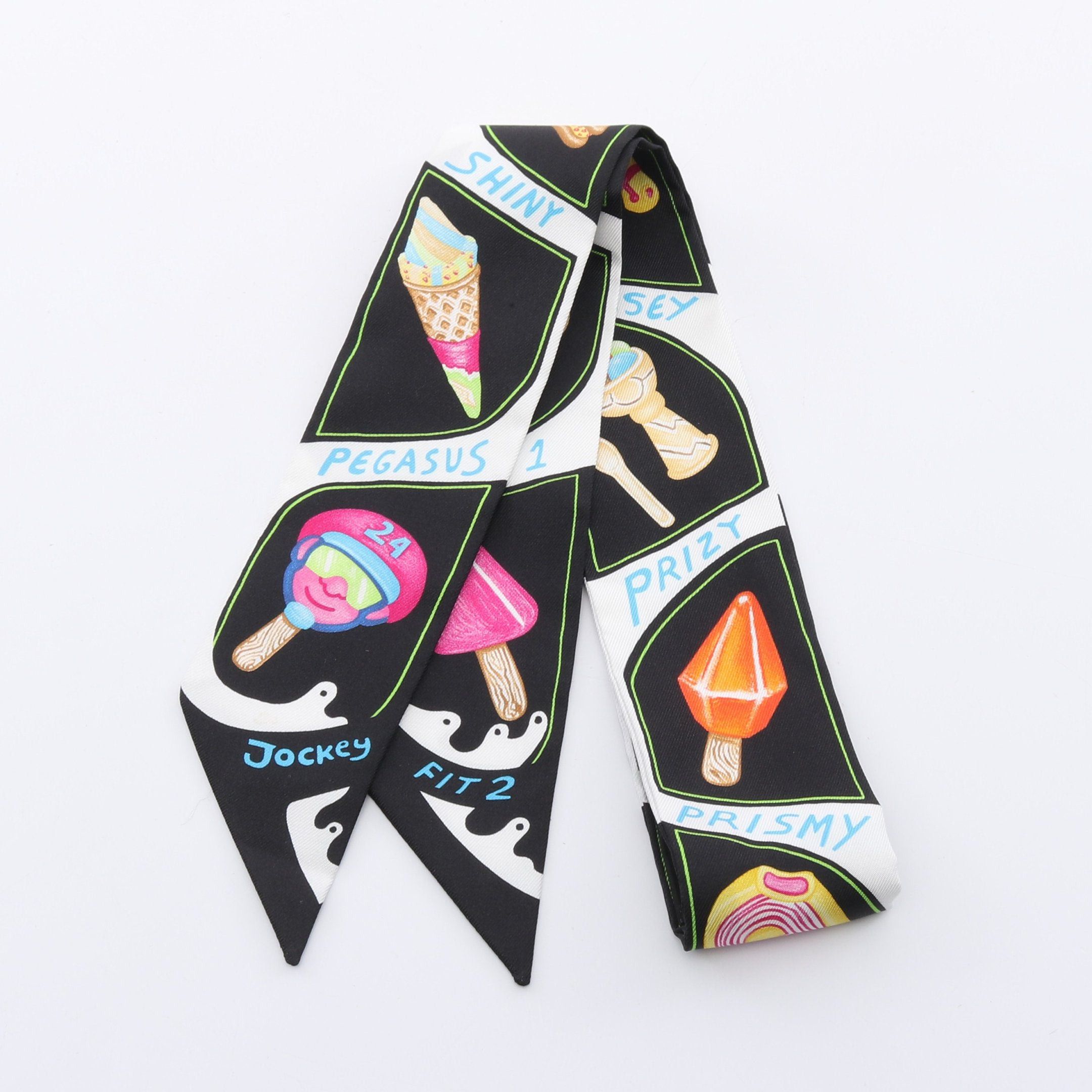 Hermes Twilly Funny Ice Cream Ribbon Scarf Silk Black Multicolor