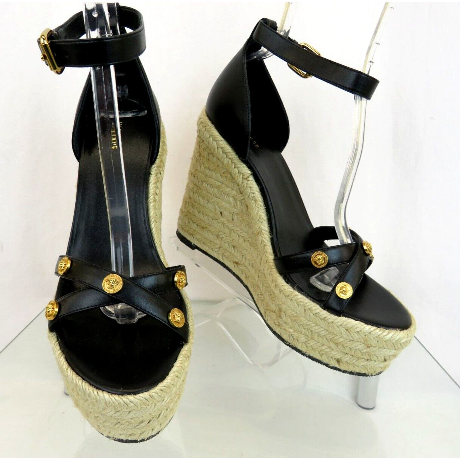 Versace VERSACE BLACK LEATHER GOLD MEDUSA LOGO SANDAL ESPADRILLES 40 Size US 10 / IT 40 - 5 Thumbnail