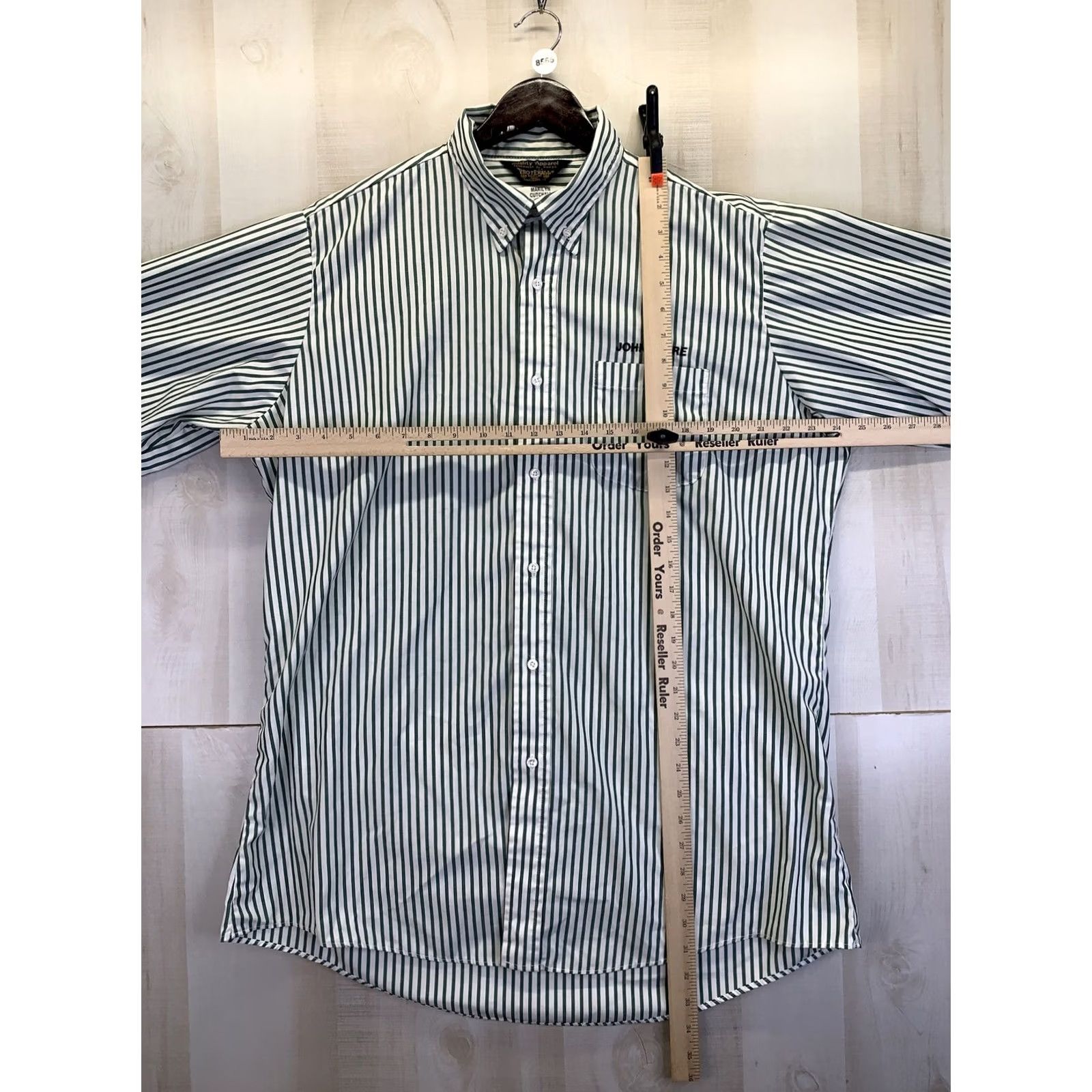 Vintage VINTAGE Quality Apparel John Deere Embroidered Green Stripe Mens Dress Shirt Shirt Mens L Green White Size 42R - 2 Thumbnail